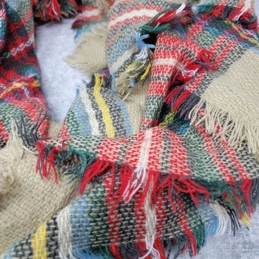 Red Yellow Tan Plaid Blanket Scarf With Fringe Casual Cozy Comfy